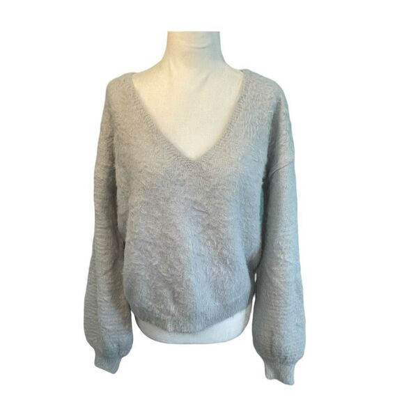 Eyelash Knit Teddy Sweater Gray Cropped V-Neck Puff Long Sleeve Pull-Over S - Picture 1 of 5